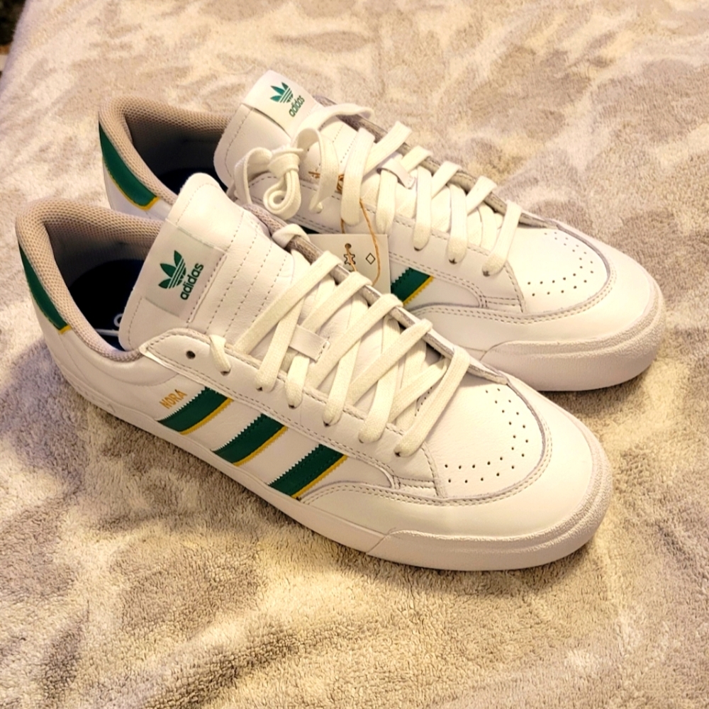 Adidas White Sneakers with Green and Gold Stripes NEW 12
